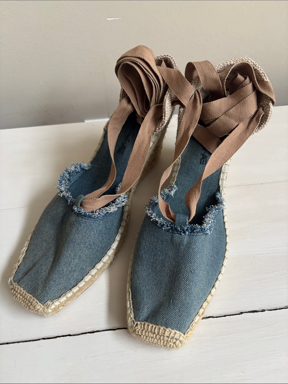 American Eagle  Women's Blue Denim Lace-up Wedge Espadrilles